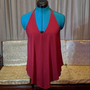 Red Sleeveless Halter Top Blouse with V-Neckline
